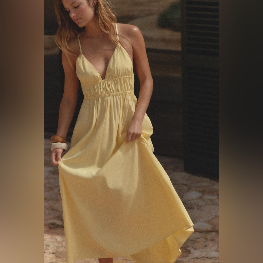 Zara NWT Yellow Flowy V Neck Halter Midi Summer Dress (Size XS) - Picture 1 of 10